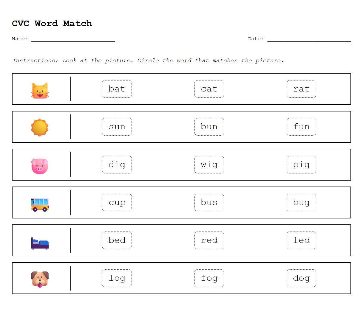 Picture to CVC Word Association Worksheet