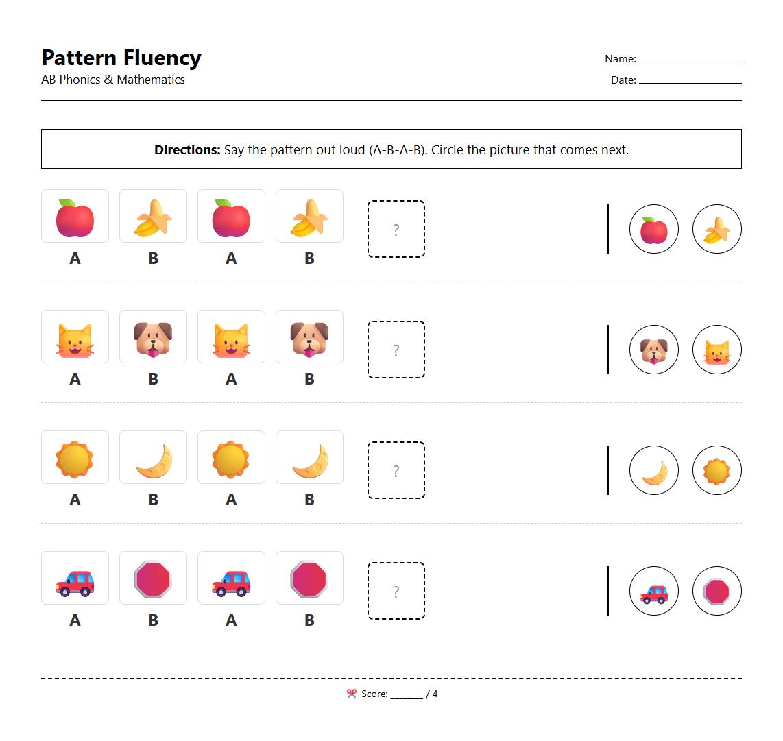 Picture Pattern Fluency Worksheet with AB Phonics