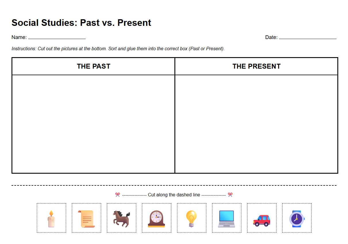 Picture Sorting Worksheet for Past and Present