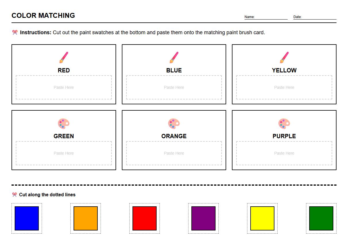Primary and Secondary Color Matching Worksheet Using Paint Swatches