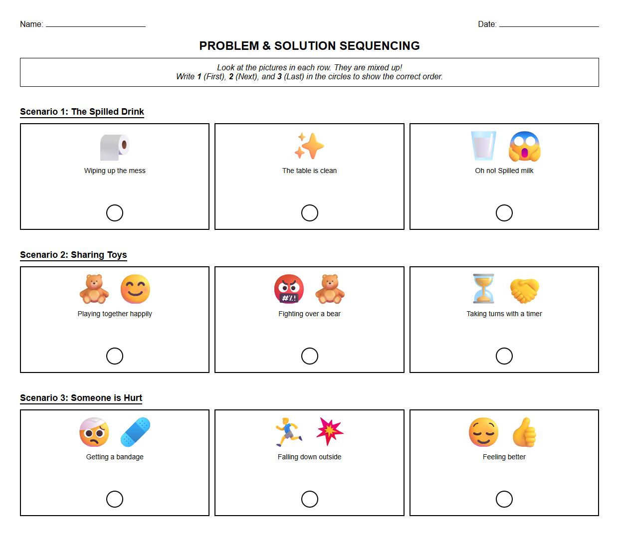 Problem Solution Sequencing Worksheet for Classroom Scenarios