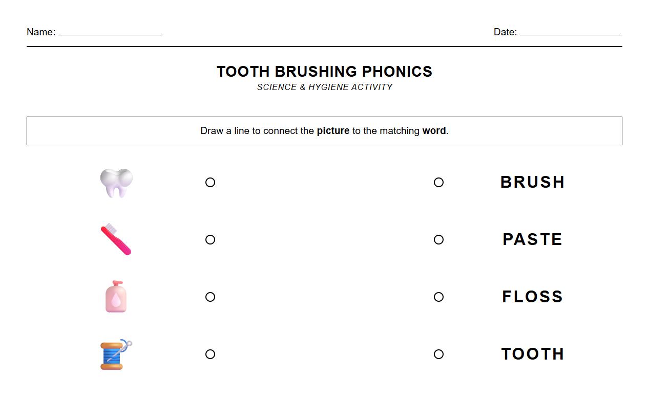 Proper Tooth Brushing Techniques Phonics Matching Sheet