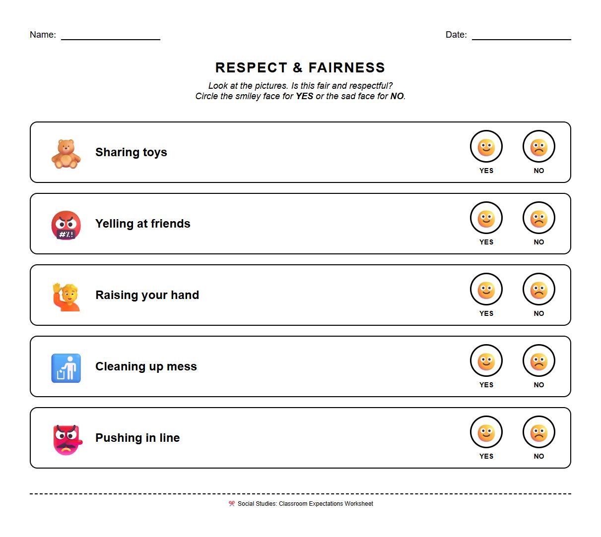 Respect and Fairness Classroom Expectations True or False Worksheet