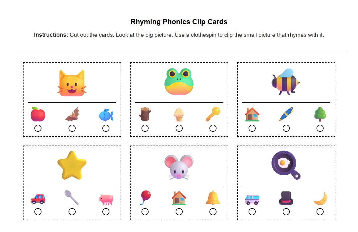 Rhyming Phonics Clip Cards