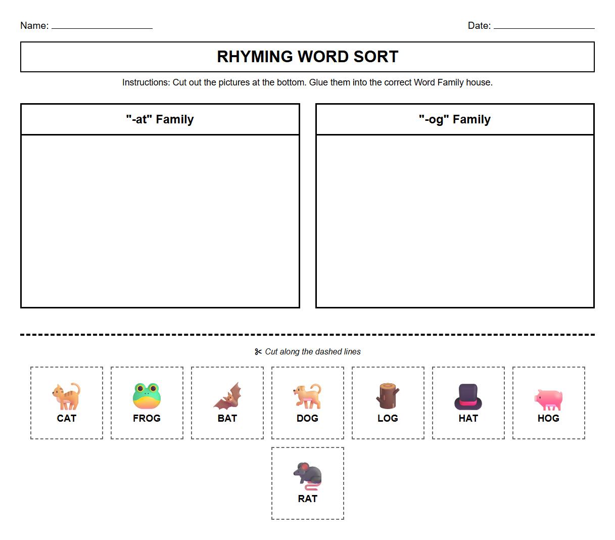 Rhyming Word Family Sorting Worksheet for Vocabulary Development