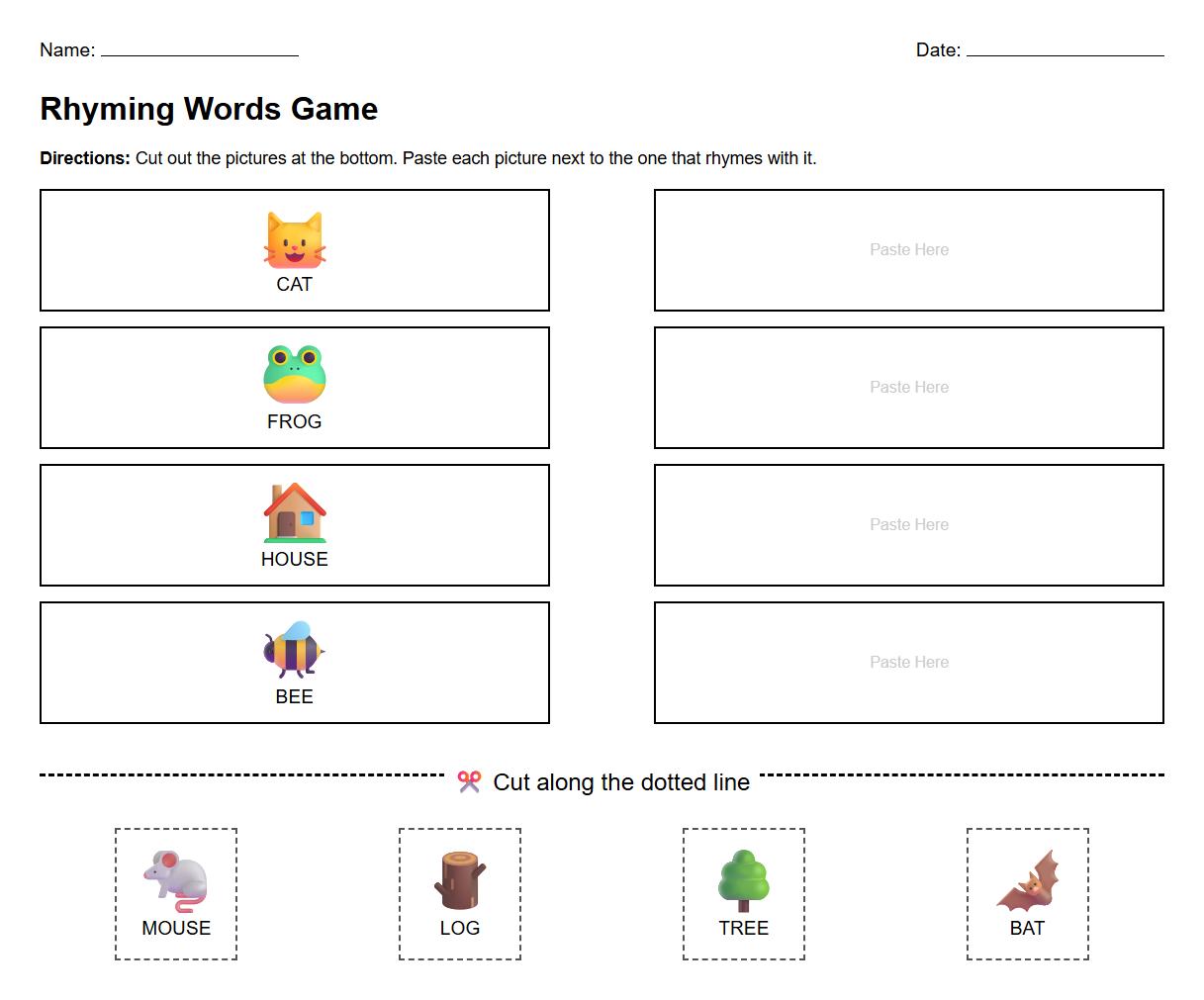 Rhyming Words Cut and Paste Phonics Game