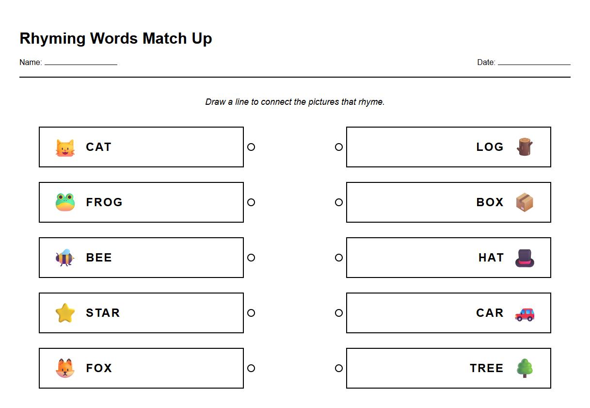 Rhyming Words Match Up Phonics Worksheet