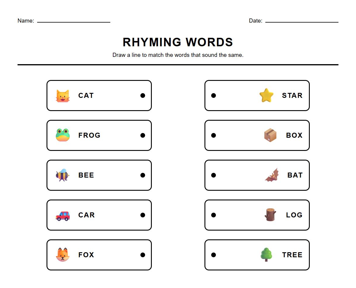 Rhyming Words Matching Phonics Exercise