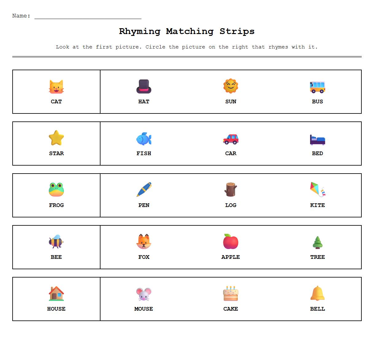 Rhyming Words Matching Strips for Phonics Practice