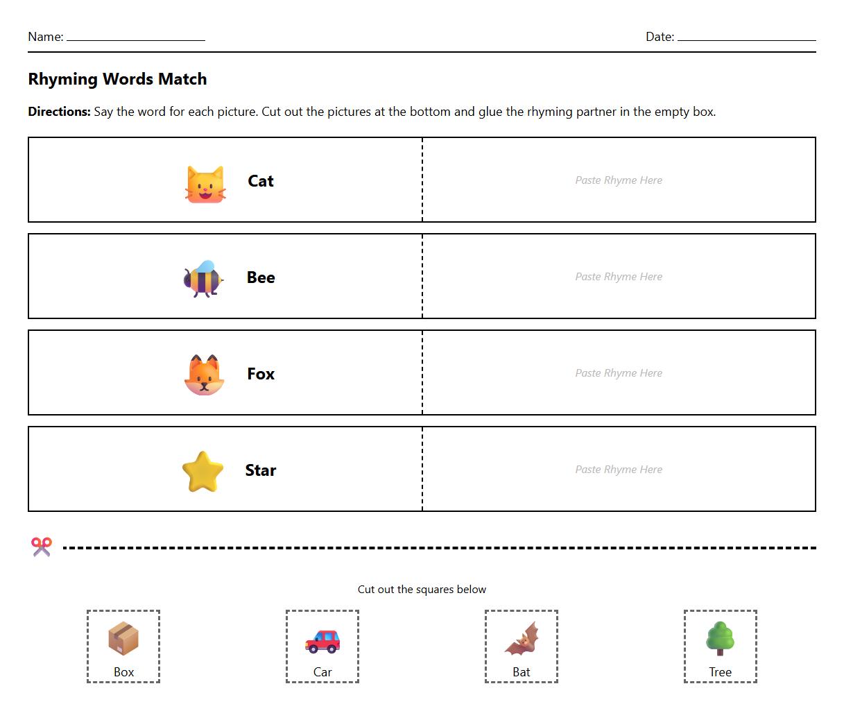 Rhyming Words Phonics Cut and Paste Worksheet for Kindergarten
