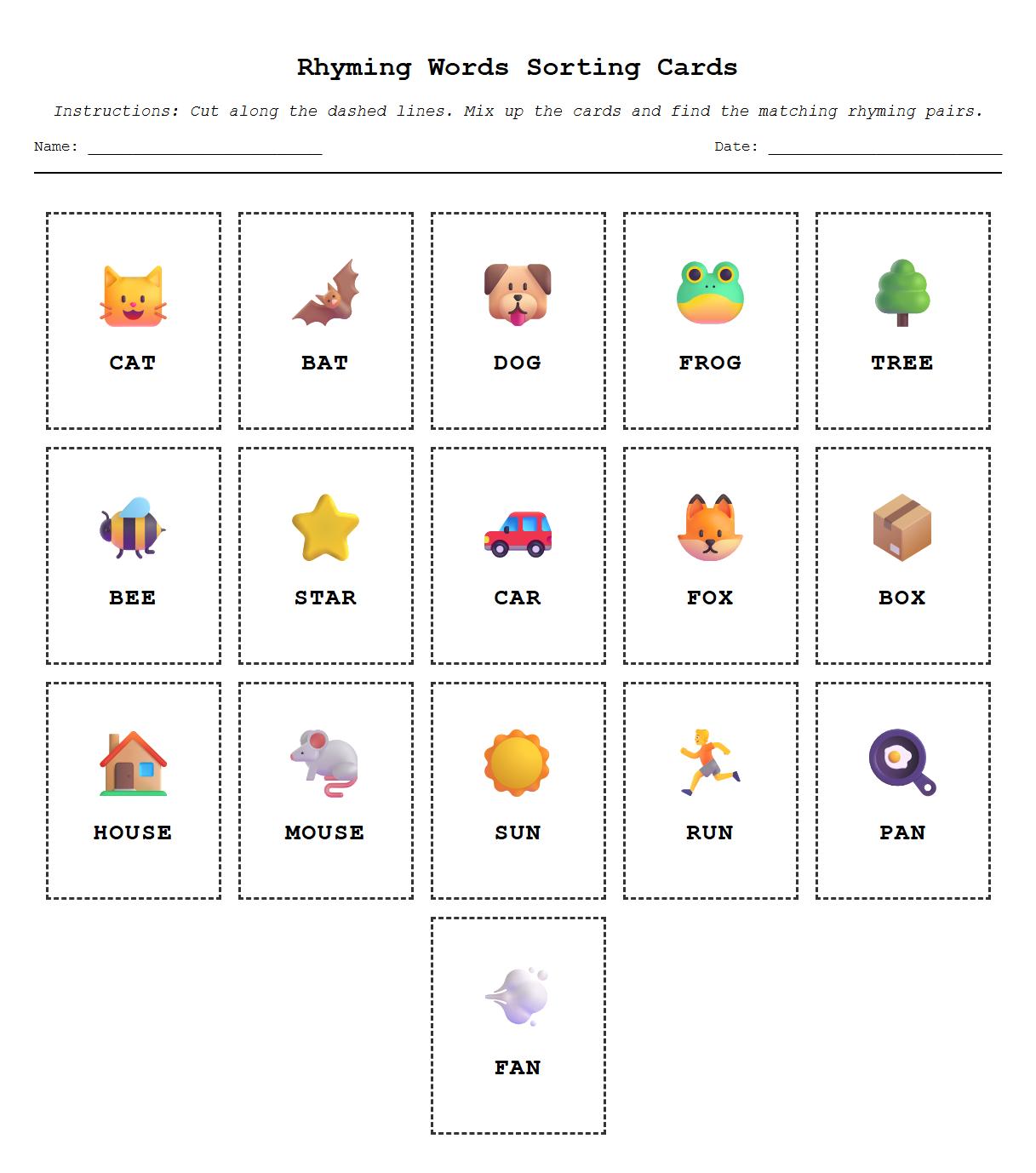 Rhyming Words Sorting Cards for Kindergarten Centers