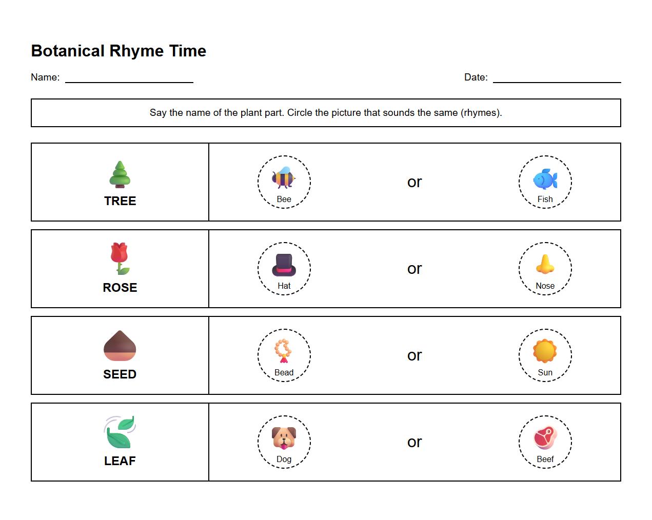 Rhyming Words Worksheet with Botanical Parts