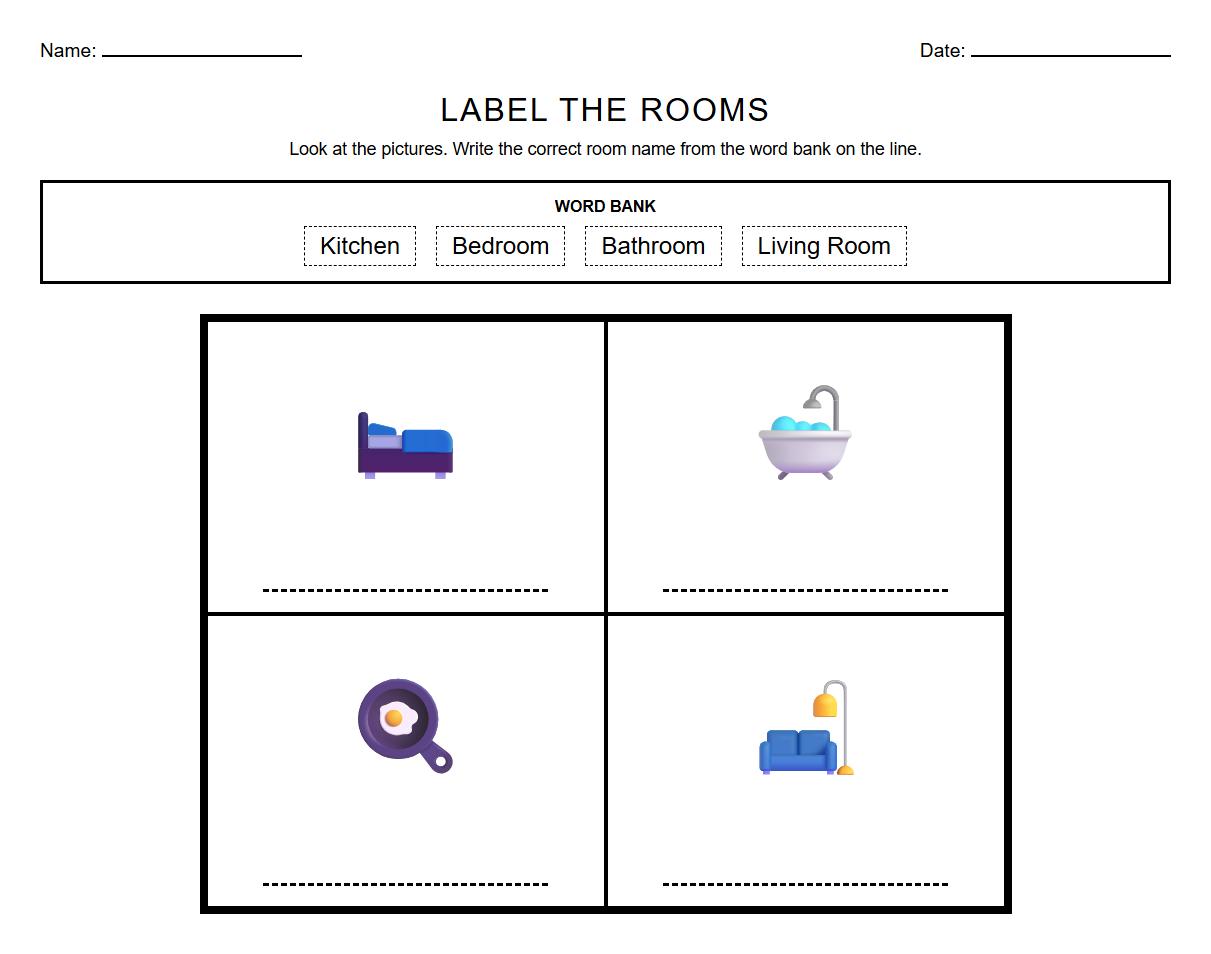 Room Name Labeling Worksheet with Word Banks
