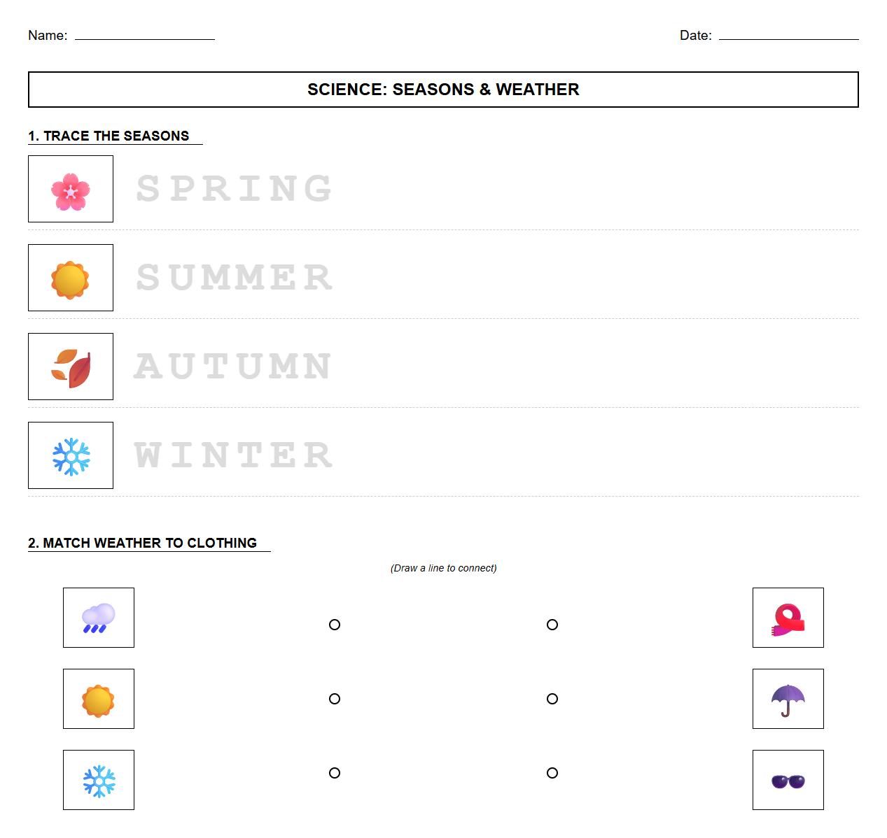 Science Tracing Worksheet with Seasons and Weather Changes