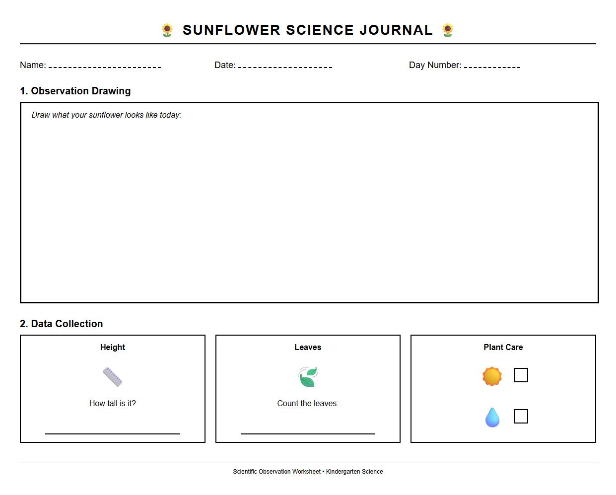 Scientific Observation Journal Page for Sunflower Growth