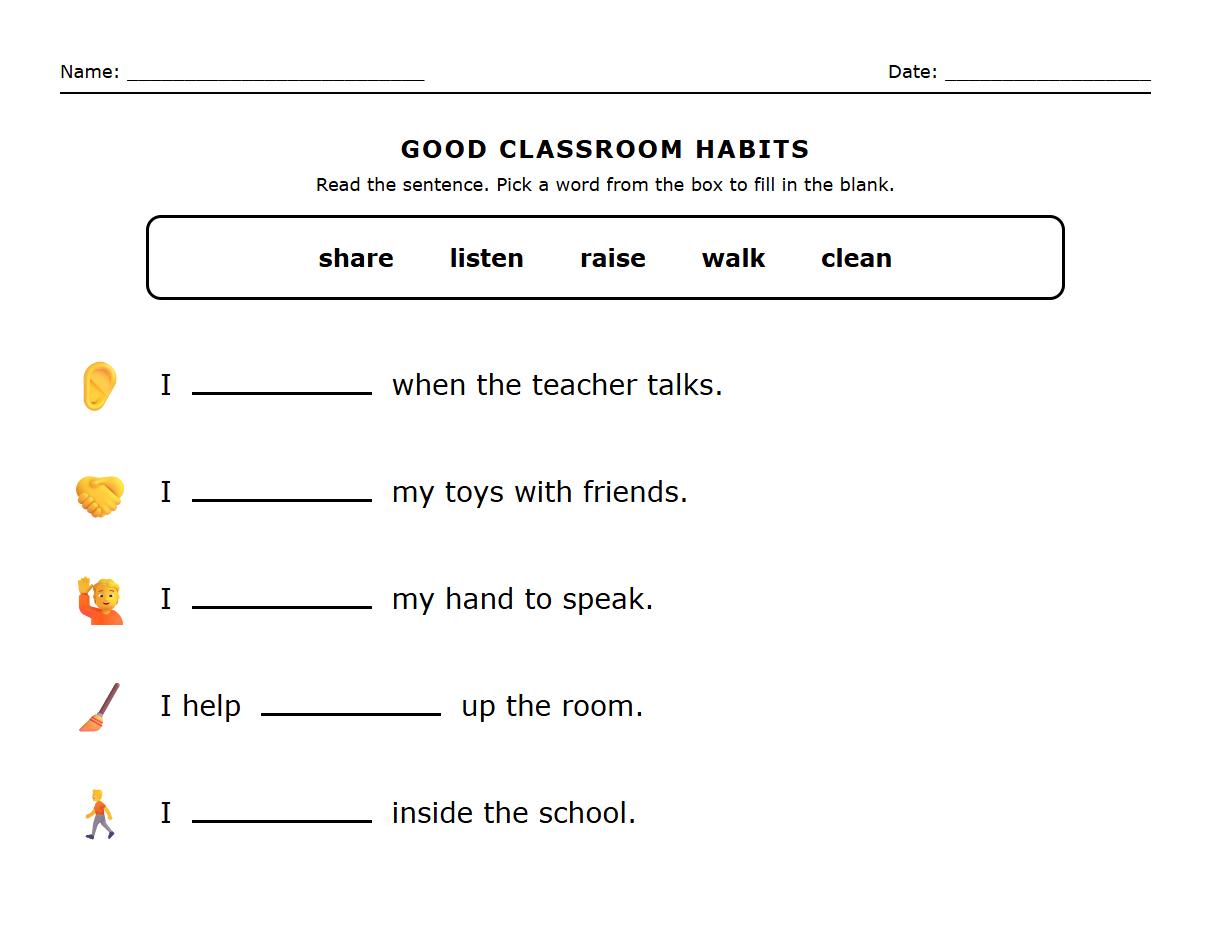 Sentence completion worksheet on positive classroom behavior