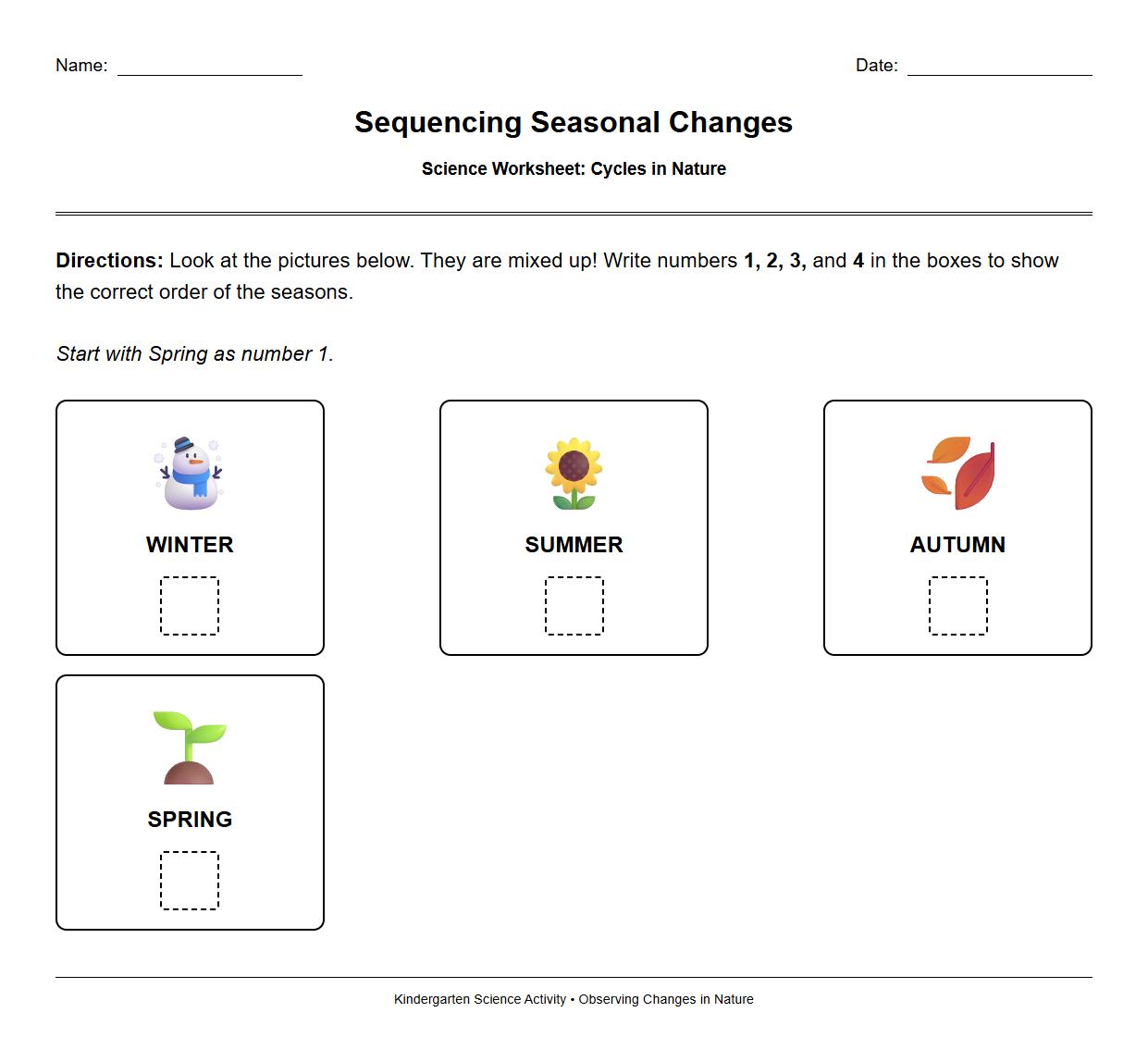 Sequencing Events Worksheet on Seasonal Changes in Nature
