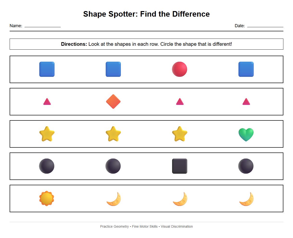 Shape Recognition Spot the Difference Worksheet for Geometry Skills