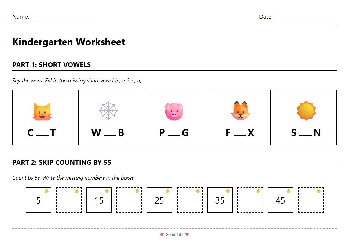 Short Vowel Phonics and Skip Counting by 5s Activities