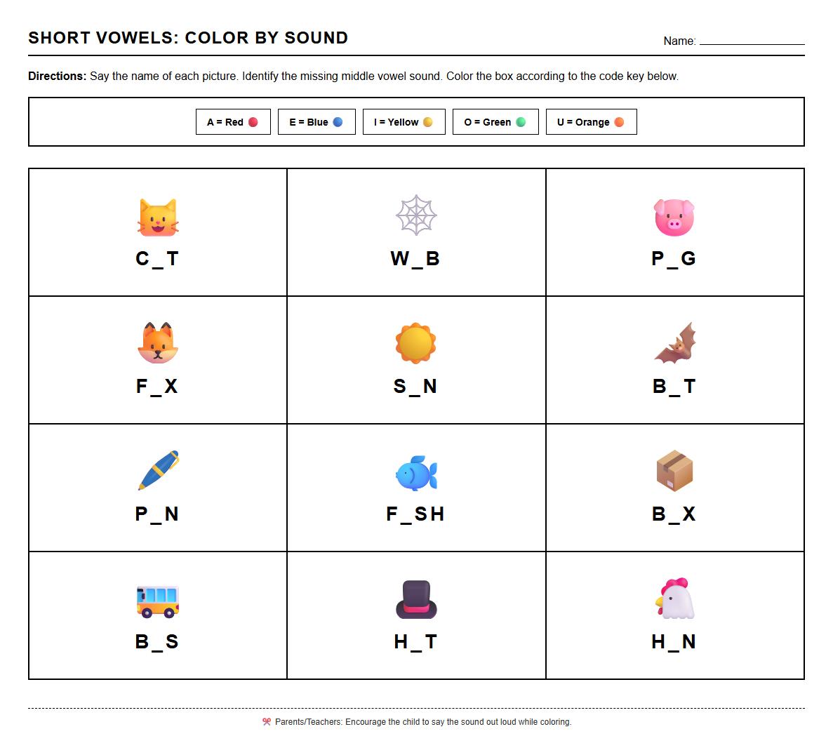 Short Vowel Sound Color by Number Phonics Activity