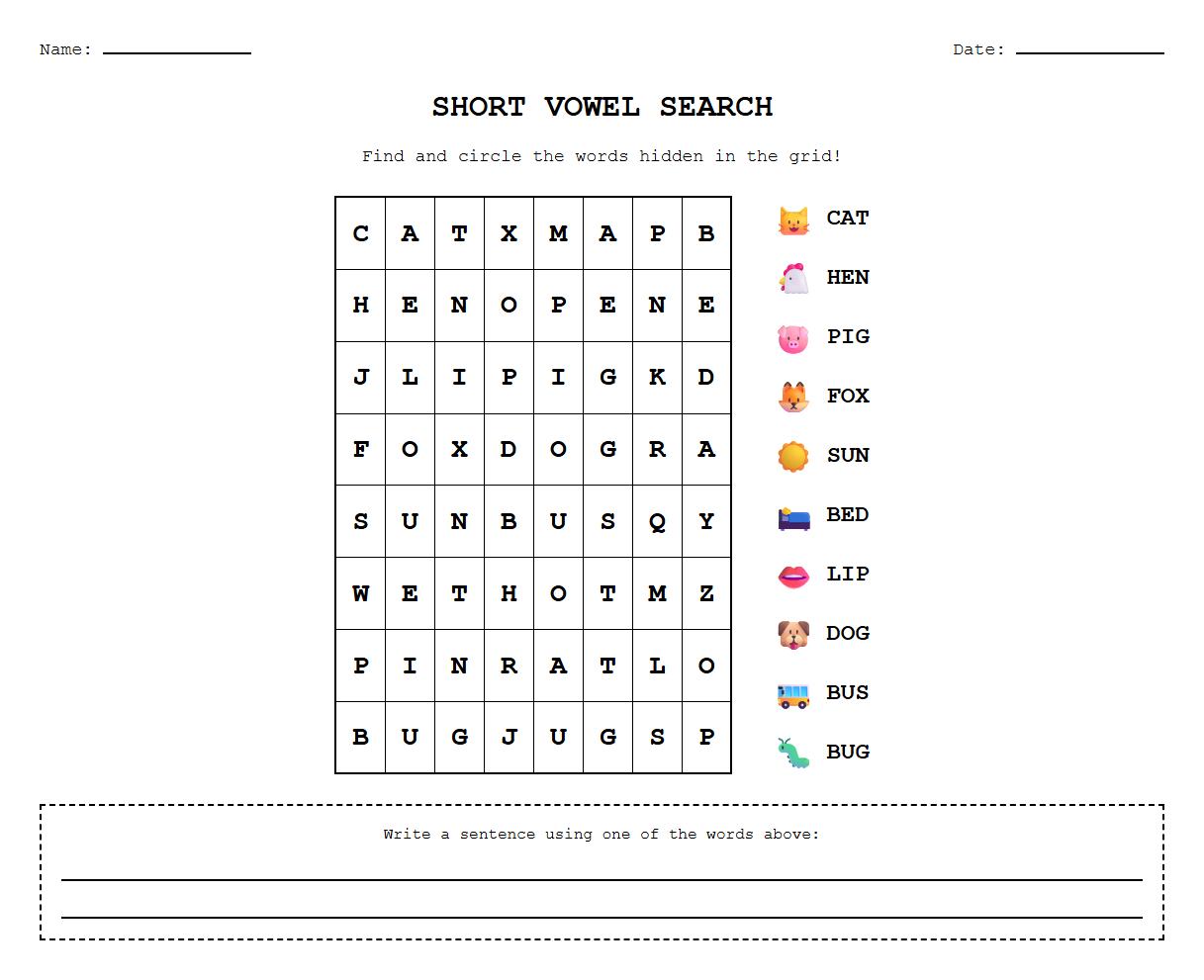 Short Vowel Word Search with Phonics Focus
