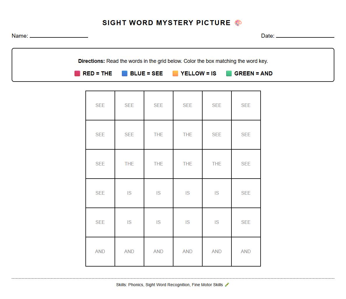 Sight Word Color by Number Phonics Illustration Worksheet