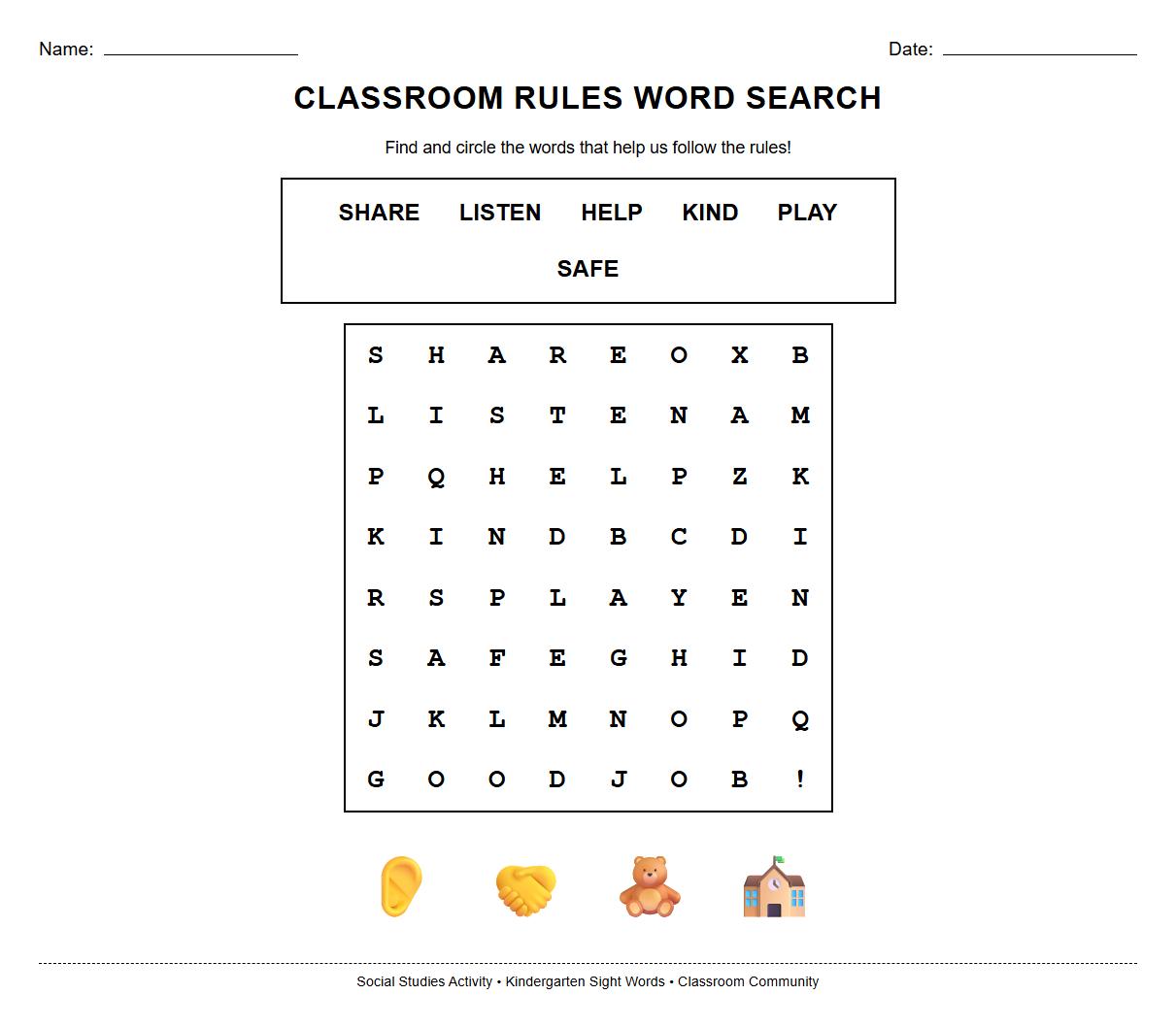 Sight Word Recognition Worksheet with Classroom Rules Focused on Word Search Activity