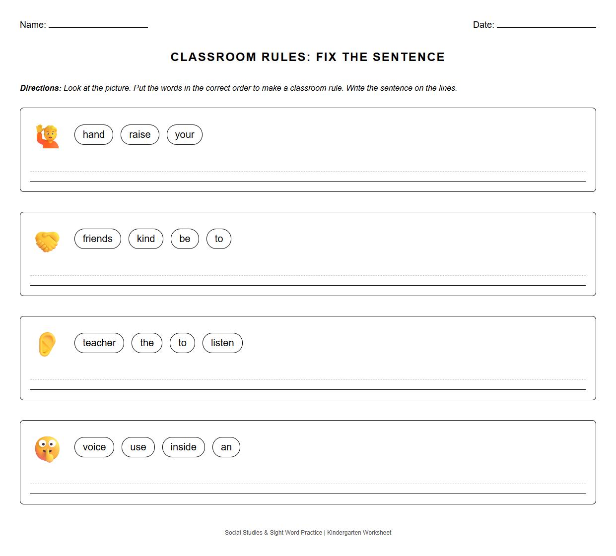 Sight Word Recognition Worksheet Featuring Classroom Rules Through Sentence Unscrambling