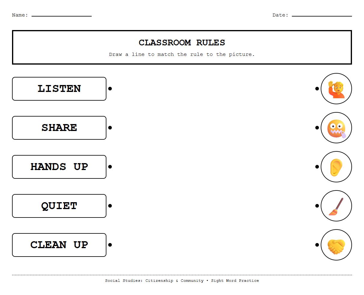 Sight Word Recognition Worksheet Highlighting Classroom Rules via Matching Exercises