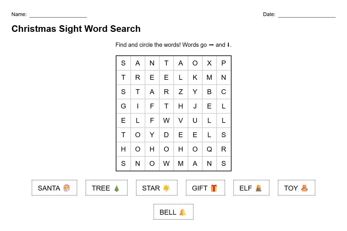 Sight Word Search with Christmas Vocabulary for Kindergarten
