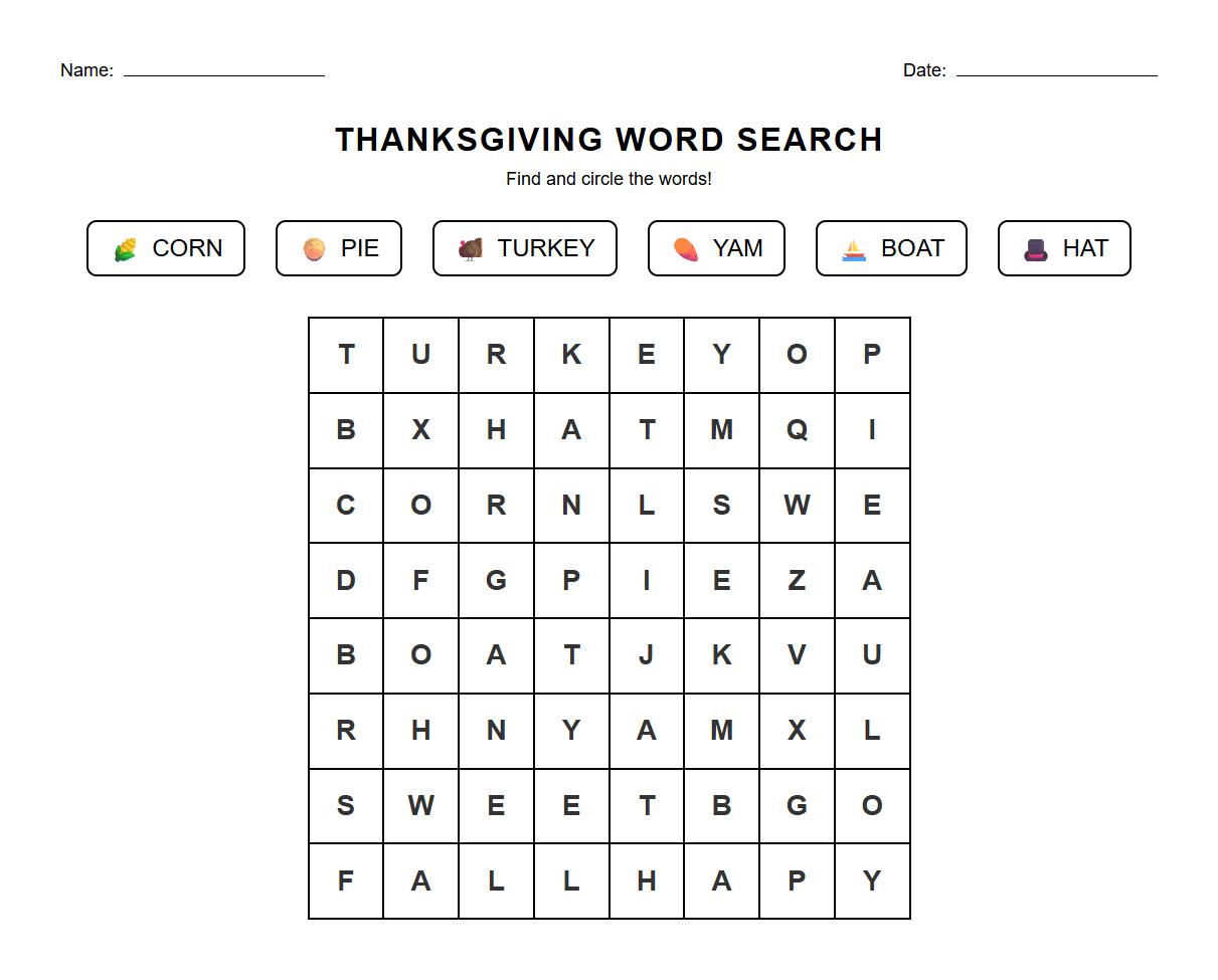 Sight Word Search with Thanksgiving Related Terminology