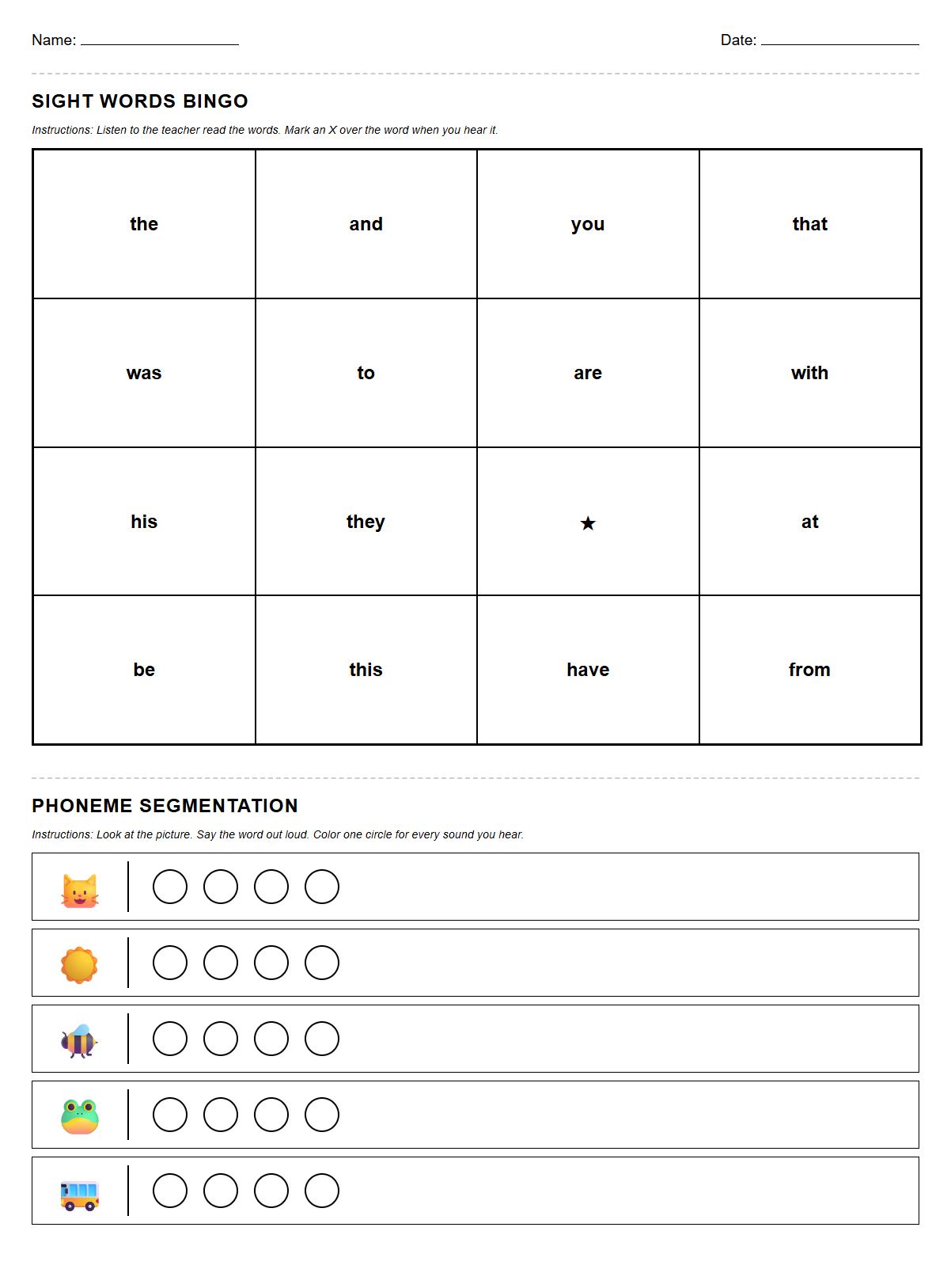 Sight Words BINGO and Phoneme Segmentation Sheet