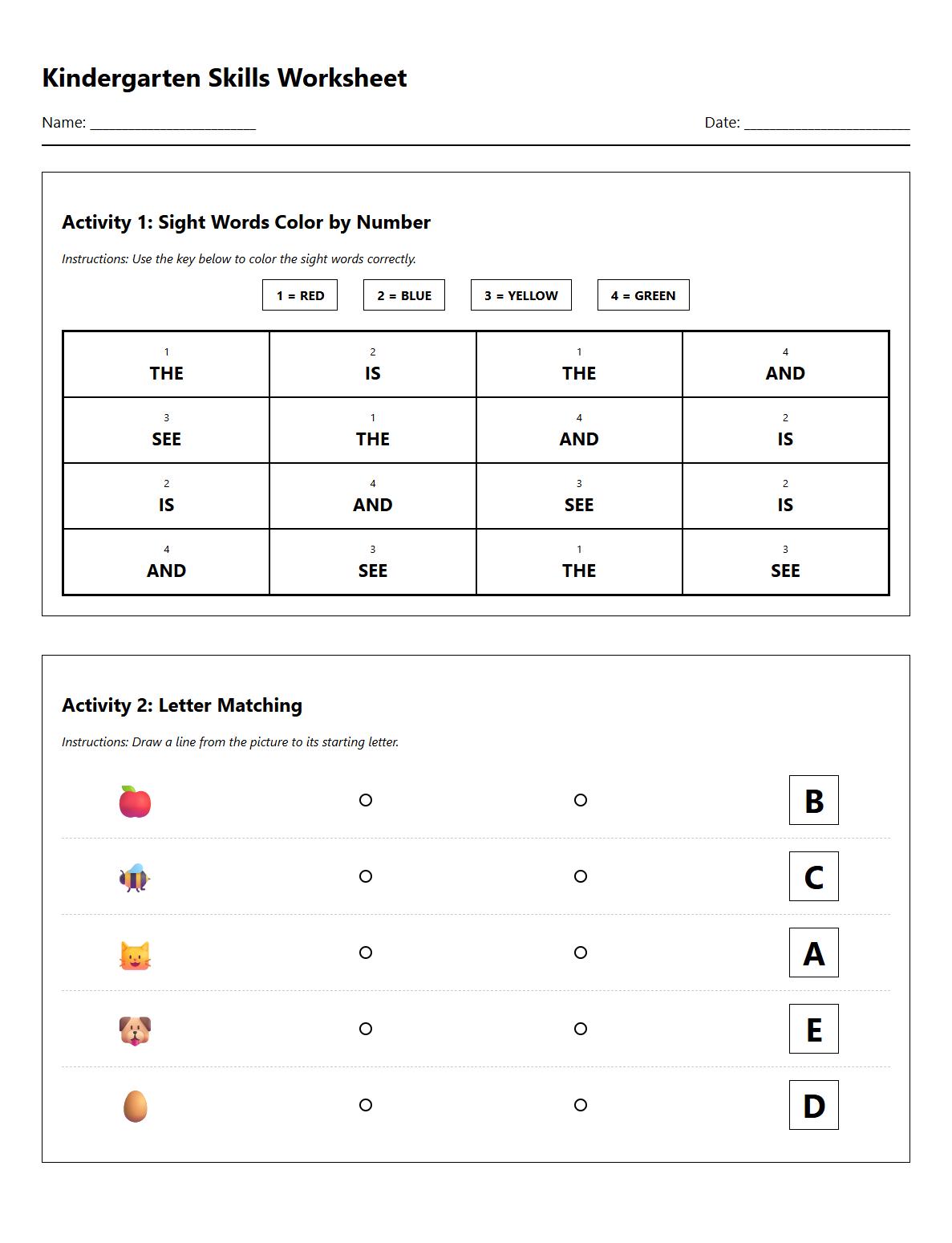 Sight Words and Letter Matching Color by Number Activities
