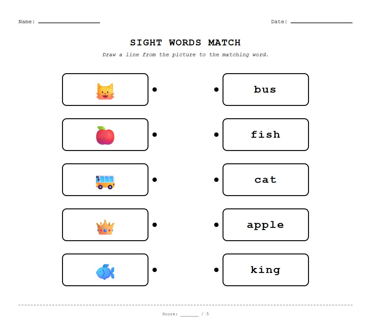 Sight Words Picture Association and Word Matching Worksheet