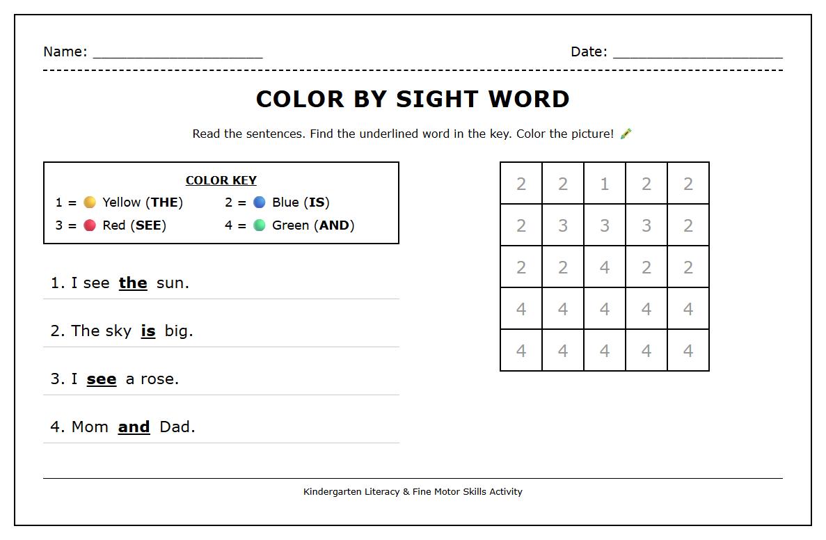 Simple Sentences with Sight Words Color by Number Worksheet
