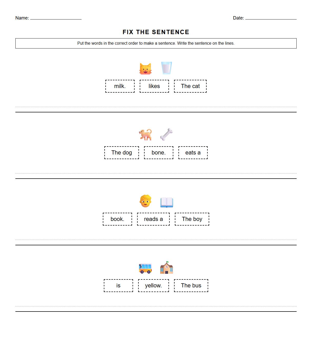 Simple Subject-Verb-Object Sentence Ordering Worksheets