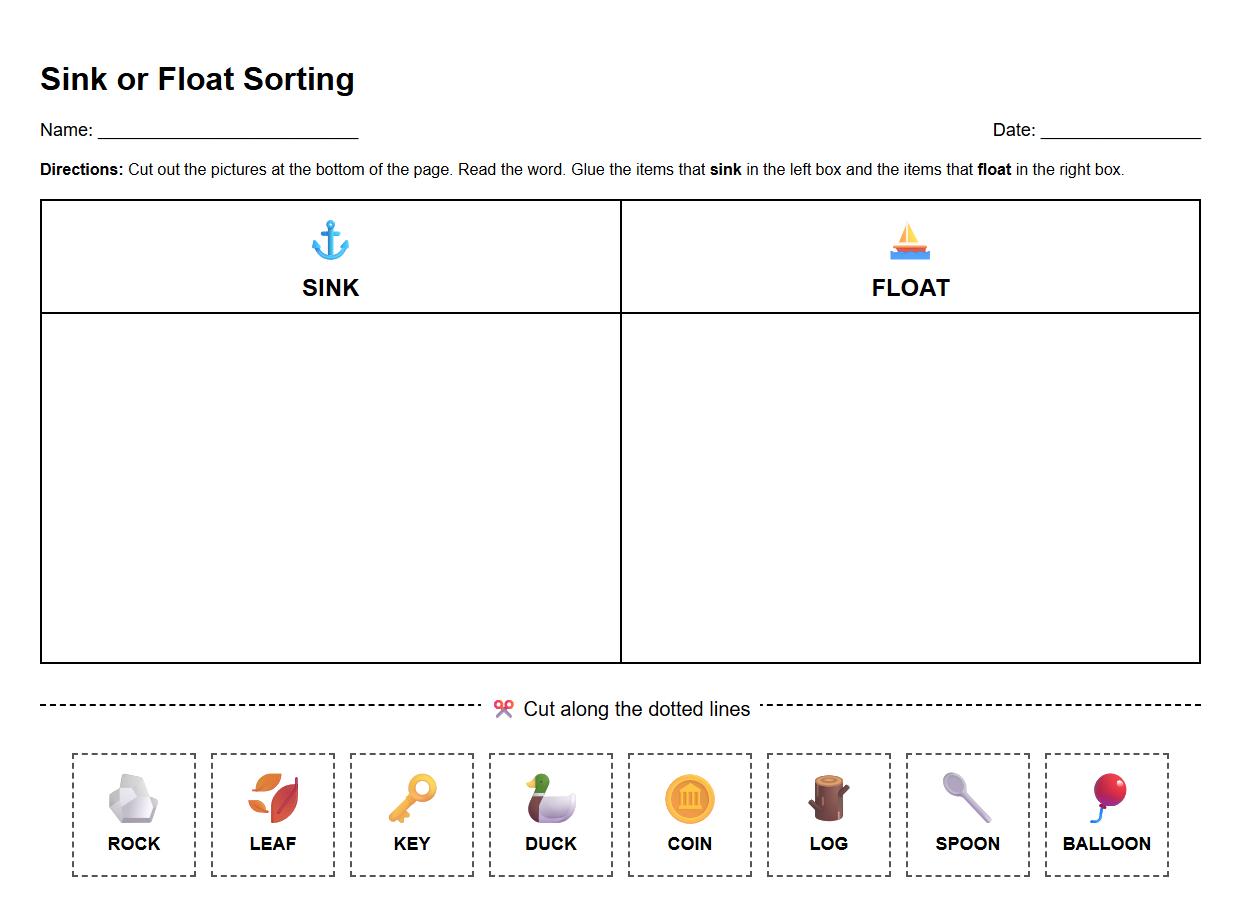 Sink or Float Phonics Vocabulary Sorting Worksheet