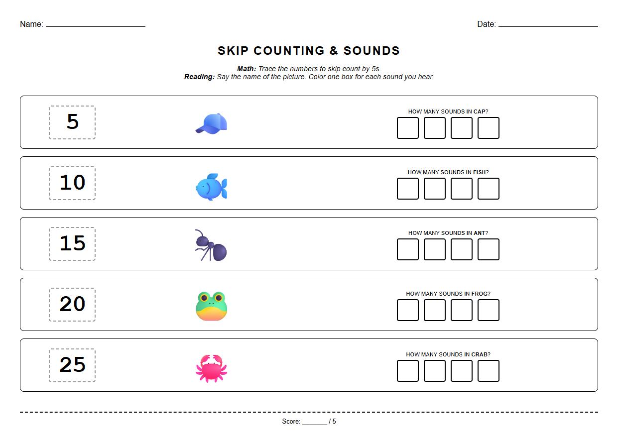 Skip Counting by 5s with Phoneme Segmentation Practice