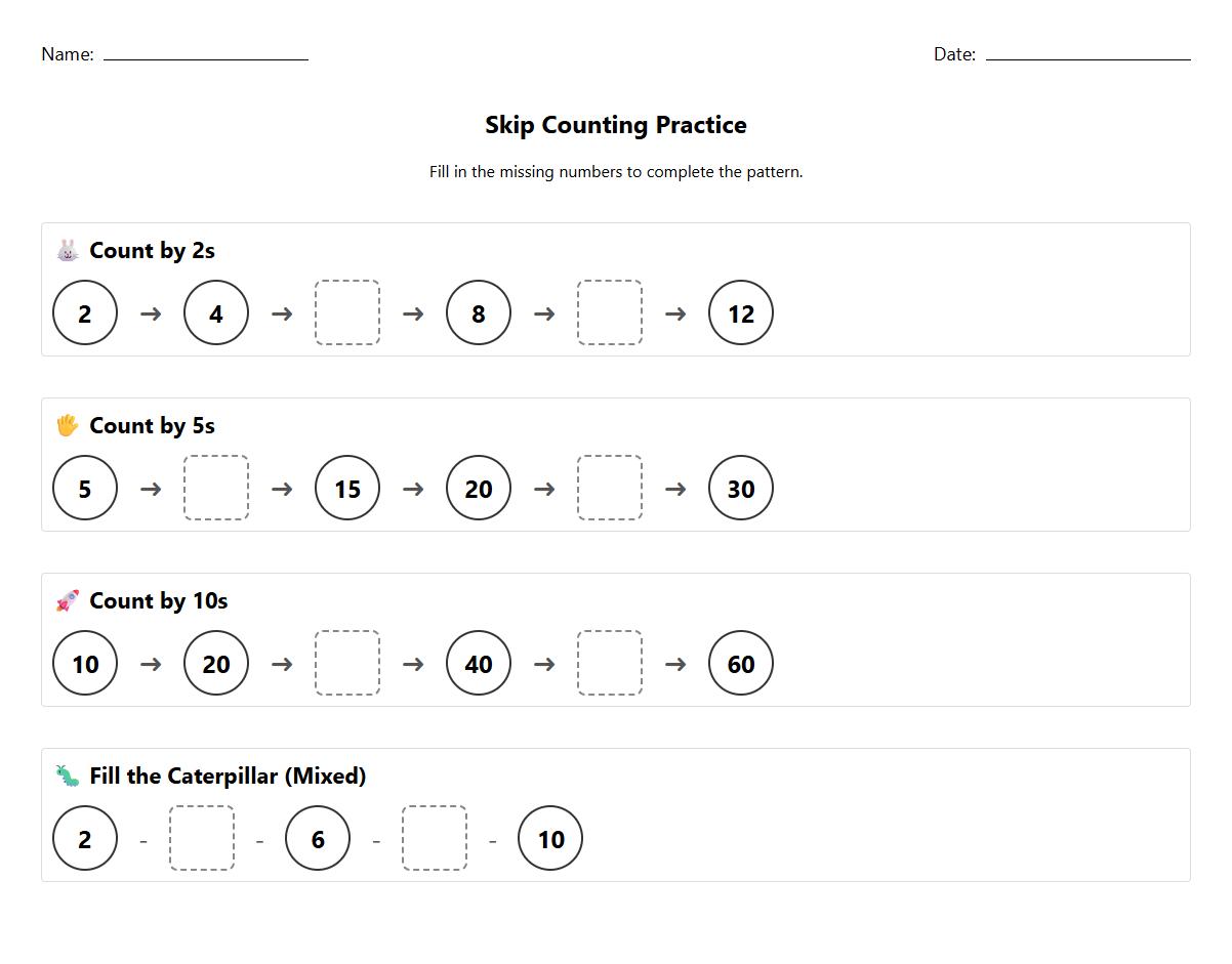 Skip counting numbers practice worksheet