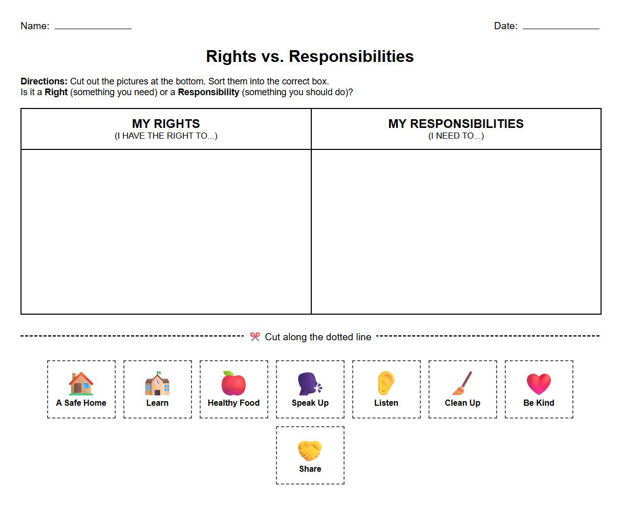 Sorting activity distinguishing Rights and Responsibilities with Word Recognition
