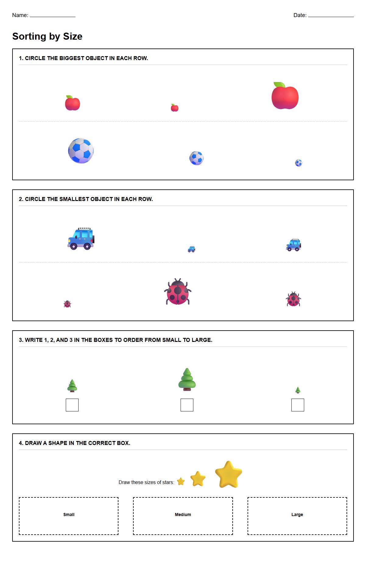 Sorting by Size Worksheet using Measurement and Comparison Skills