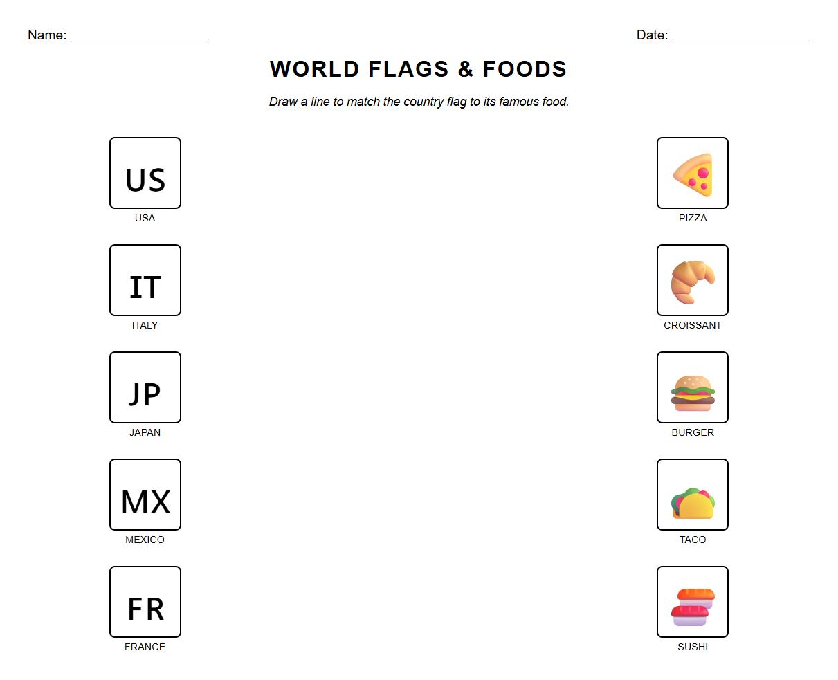 Sorting Worksheet for Country Flags and National Foods