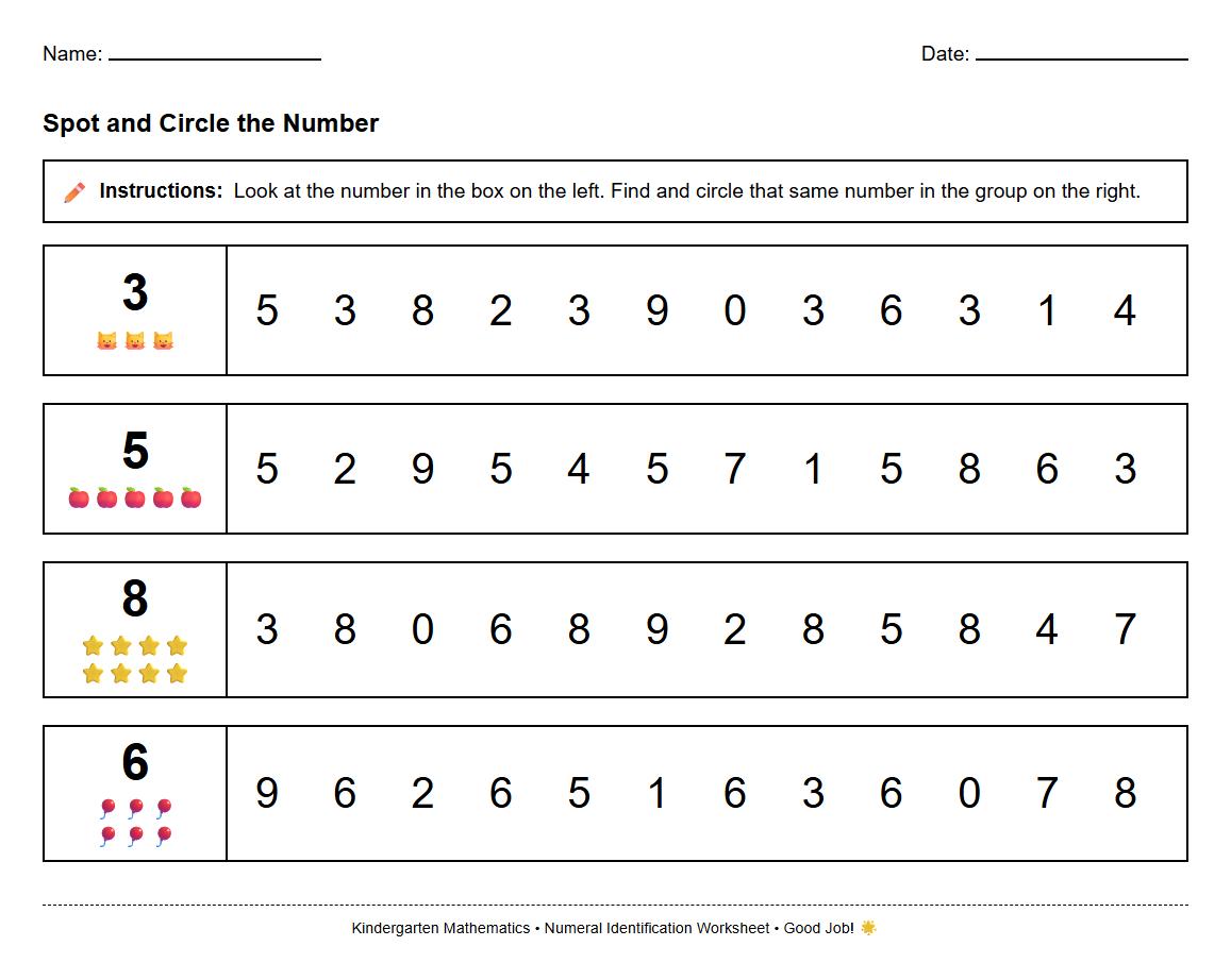 Spot and Circle the Numeral Identification Sheet