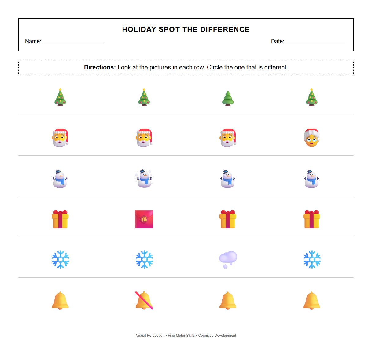 Spot the Difference Worksheet with Holiday Themes for Visual Perception