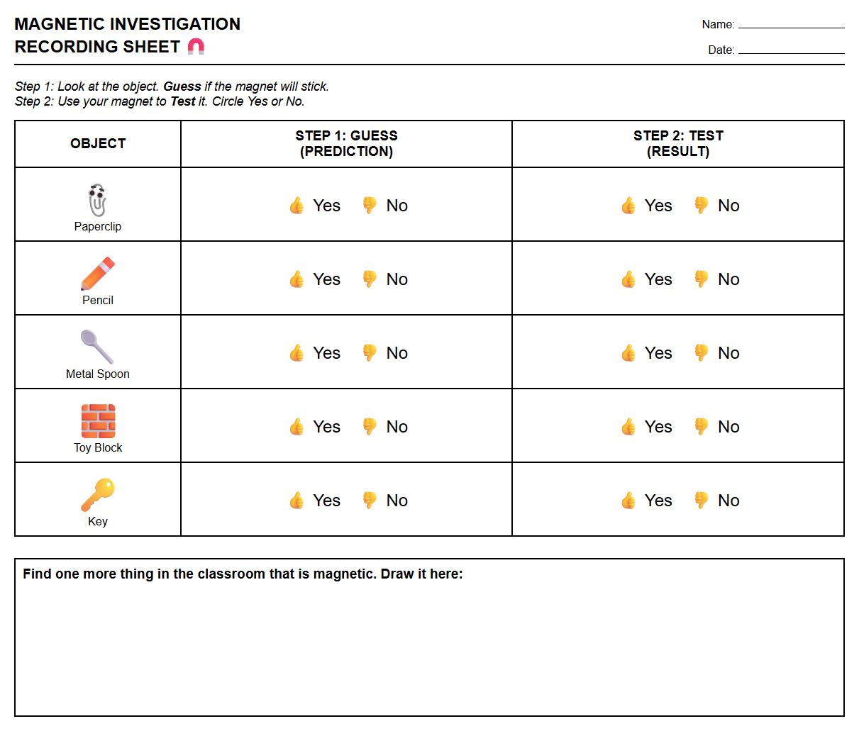 Step-by-Step Magnetic Investigation Recording Sheet