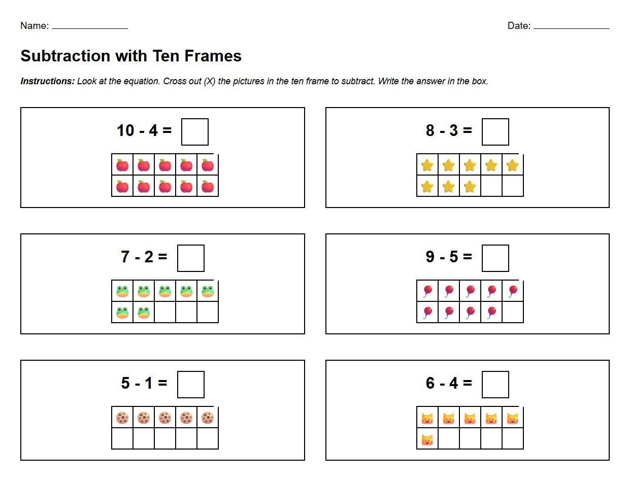 Subtraction Using Ten Frame Representation Worksheet