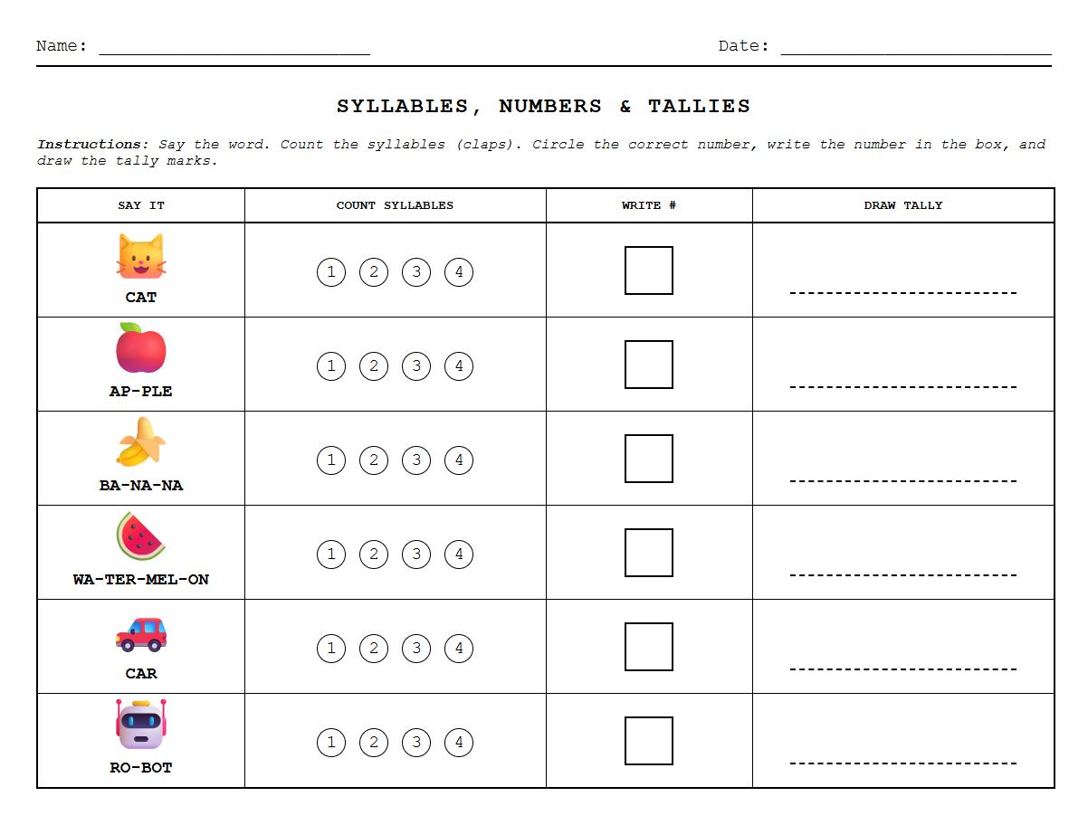 Syllable Counting Phonics with Number Recognition and Tally Marks 0 to 20 Worksheet