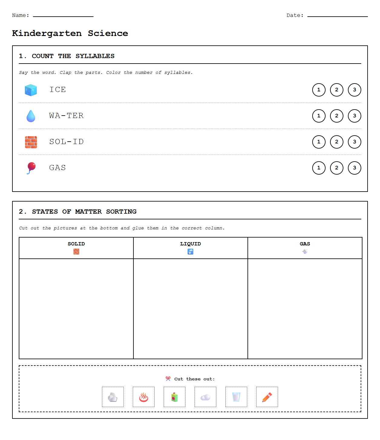 Syllable Counting and States of Matter Sorting Activity