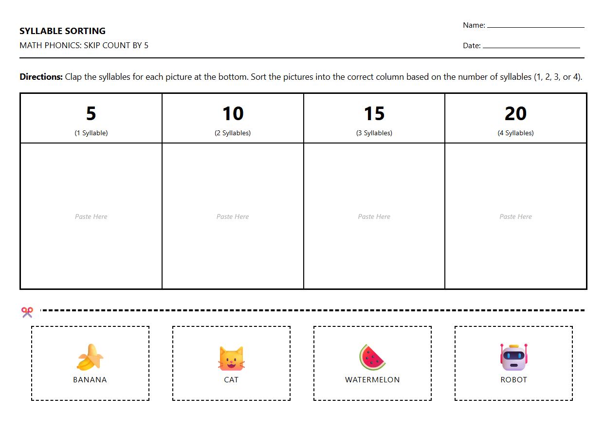 Syllable Sorting with Skip Counting by 5s Phonics Task