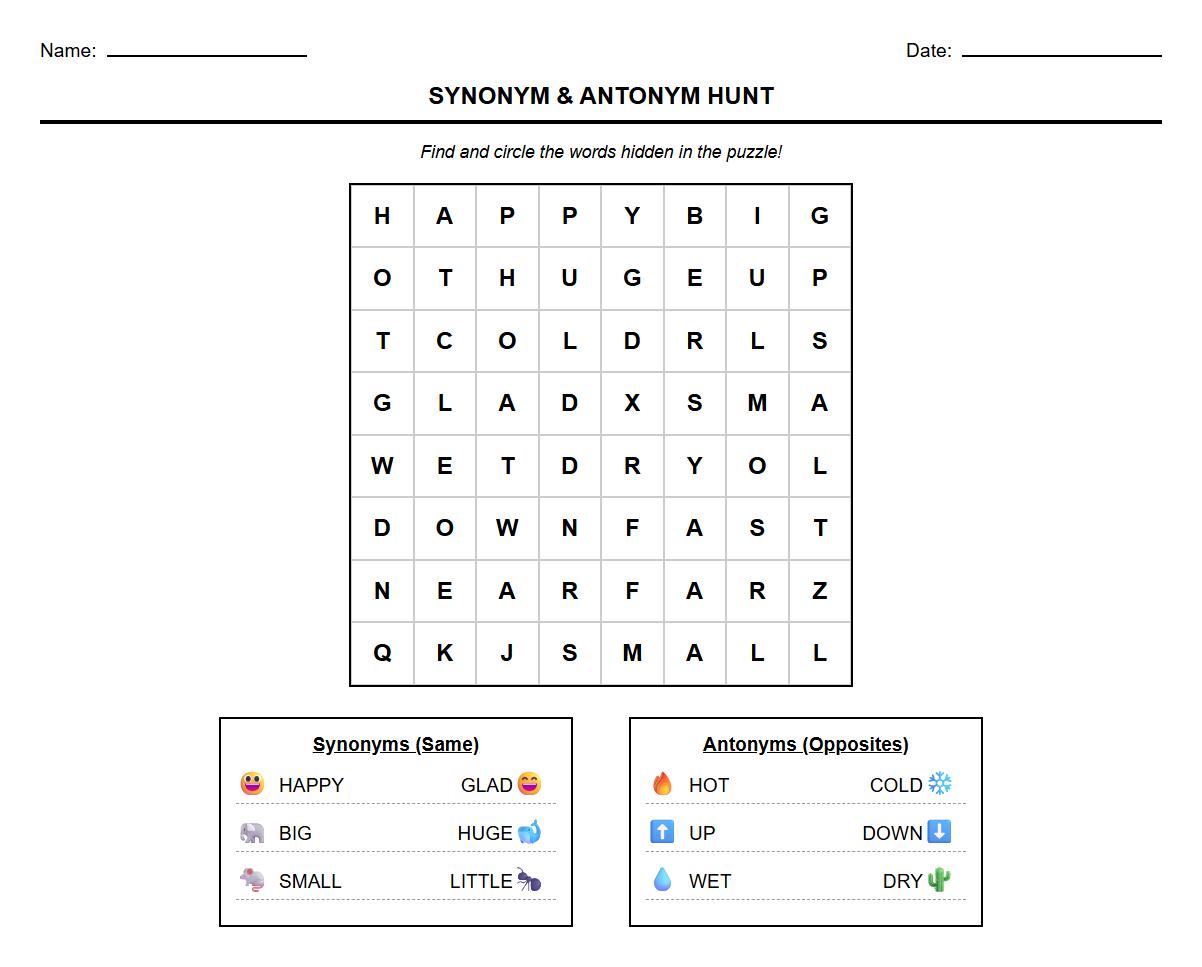 Synonym and Antonym Word Search for Kindergarten